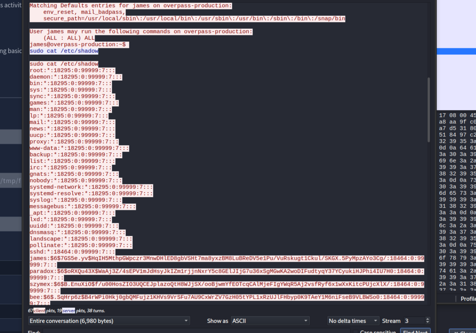 Wireshark stream showing sudo command and /etc/shadow contents
